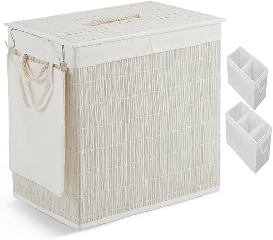 Laundry Hamper with Lid, 42.3 Gallon (160L), Handwoven Rattan Laundry Basket, 3-Section Clothes Hamper with Handles, 2 Removable Liner and Side Pocket, White