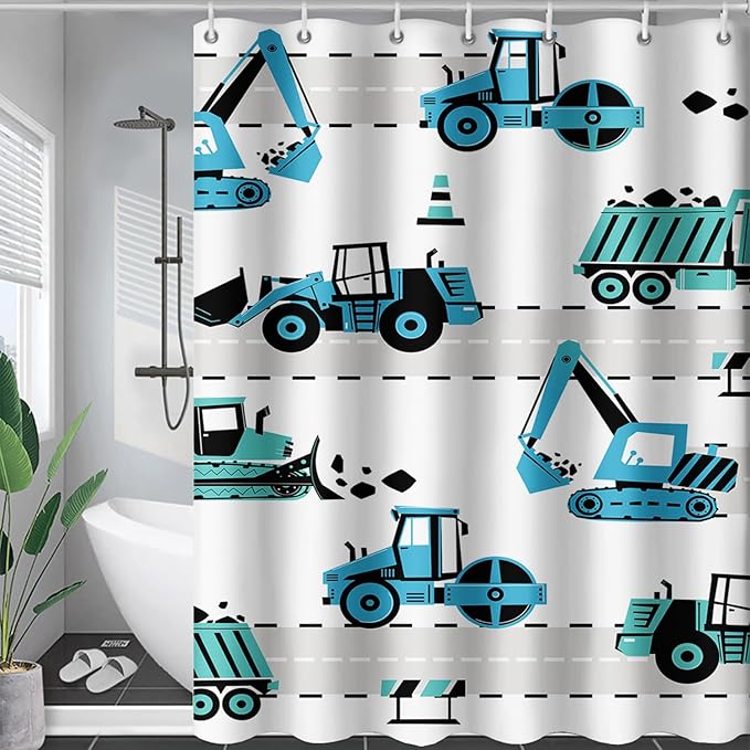 AILONEN Cartoon Kids Truck Shower Curtain,Waterproof Durable,Blue Forklift Truck Excavator Bath Curtain for Boys Girls,Construction Themed Bathroom Decor with 12 Plastic Hooks, 48" W x 72" H
