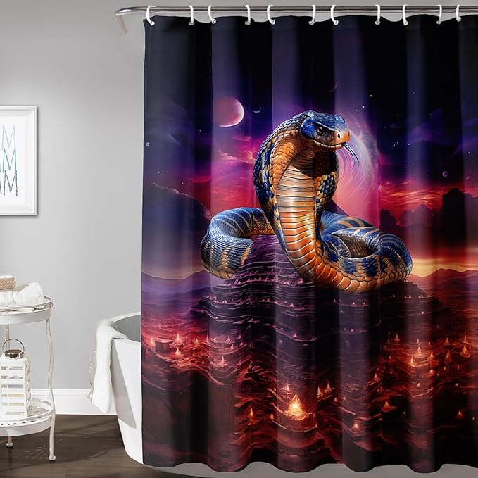 AILONEN 3D Snake Shower Curtain,Red Starry Retro Pyramid Snake Bath Curtain for Bathroom Decor,Terror Snake Printed Polyester Waterproof with 12 Plastic Hooks 72" W*72" H