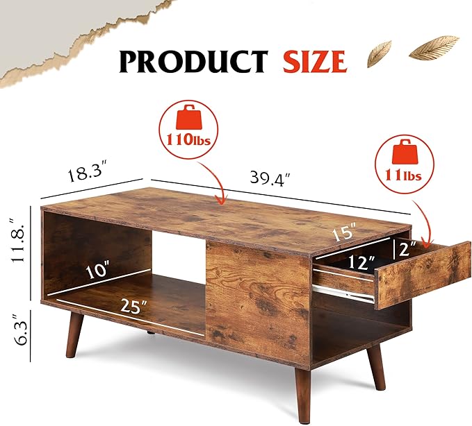 WLIVE Coffee Table, 39.4" Wood Coffee Table with Sliding Top up to 50" TV, Modern Center Table with Open Storage Shelf for Living Room, Bedroom, Rustic Brown