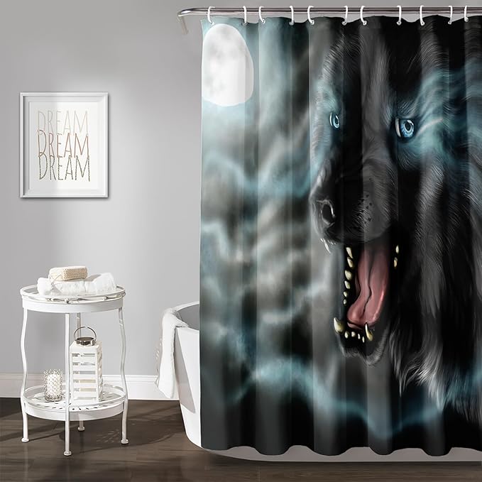 AILONEN Howling Wolf Shower Curtain,Cloud Moon Wolf Bath Curtain,Wildlife Wolf Polyester Waterproof for Bathroom,72" W*84" H with 12 Plastic Hooks