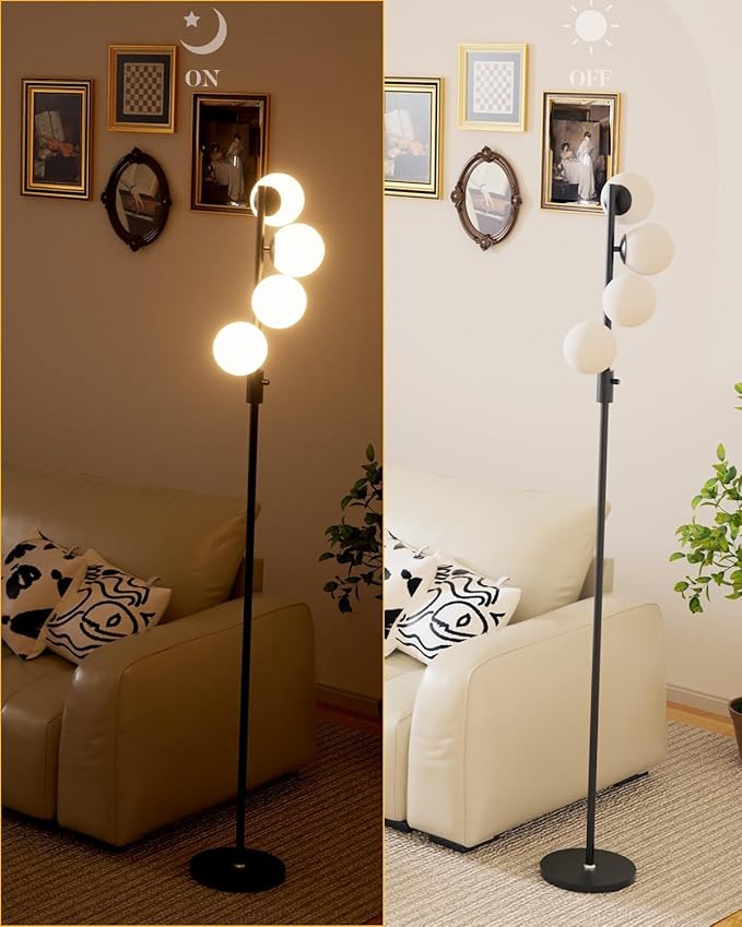 64IN Dimmable Black Floor Lamp, Tall Standing Lamps with 4 Globe Soft Warm White Eye Care 3000K G9 Bulbs, Mid Century Modern Floor Lamp for Bedroom Office