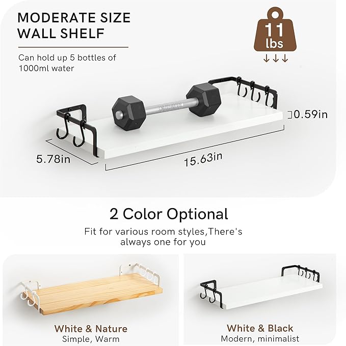 Gronda White Floating Shelves for Wall Storage Shelf with Black Brackets for Bathroom Kitchen Laundry Over Toilet Wooden Hanging Organizer Modern Minimalist Decor for Bedroom Living Room, Set of 2