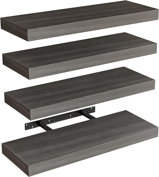 Fixwal 15.8in Floating Shelves, Rustic Wood Finish Wall Shelves Set of 4, Shelves for Wall Decor, with Invisible Brackets for Bathroom, Living Room,Bedroom and Kitchen(Gray)