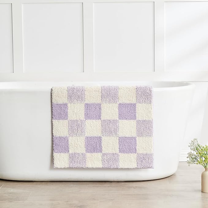 CozeCube Checkered Bath mats Non Slip, Fluffy Absorbent Microfiber Bath mat Washable, Aesthetic Bathroom Rugs, Large Bath mat for Bathroom Floor, Tub and Shower, Purple, 36"X24"