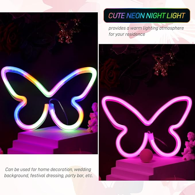 Riakrum 2 Pcs Butterfly Neon Signs LED Light 3AA Battery Powered USB Operated Wall Neon Light Decor Butterfly Wall Art for Christmas Home Bedroom Birthday Party Decor(Pink, Colorful)