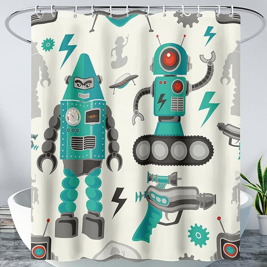 AILONEN Robot Shower Curtain,Cartoon Green Tank Robot Bathroom Decors, 72" W*96" H Logistic Robots Waterproof Shower Curtain for Boys Girls Teens Kids