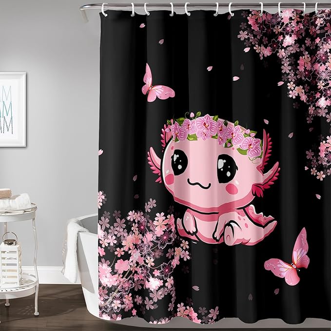 AILONEN Cute Cartoon Axolotl Kawaii Shower Curtain,Pink Cherry Blossom Floral Bath Curtain,Animal Axolotl Butterfly Waterproof Black Curtain for Bathroom, 72" W x 72" H