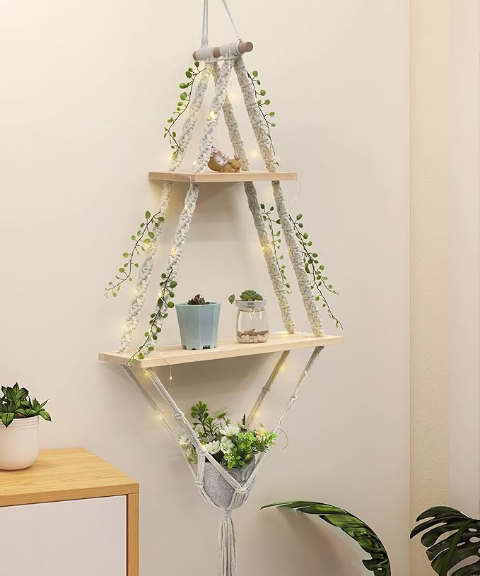 Afuly Hanging Shelves 2 Tiers Macrame Floating Shelf Wall Mounted, Boho Shelf Rack with Pine Wood Handmade Woven Rope for Bathroom Bedroom Living Room Plants Storage Home Decor, with Basket