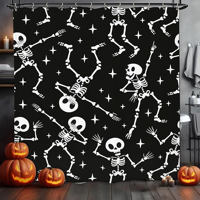 Skull Skeleton Halloween Shower Curtain 60Wx72L Inch Funny Black White Scary Horror Spooky Dancing Day of The Dead Holiday Bathroom Set Accessories Decor with 12 Pack Hooks