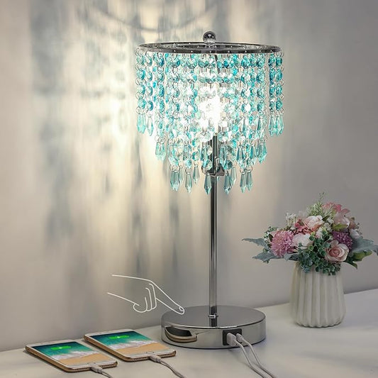 Touch Control Crystal Table Lamp, Dual USB Bedside Lamps for Bedroom, 3-Way Dimmable Nightstand Lamp with Elegant Teal Shade for Living Room, Girls Room, Office, B11 6W LED Bulb Included