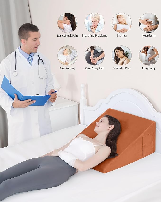Wedge Pillow for Sleeping, 12 Inch Bed Wedge Pillow for After Surgery, Acid Reflux, Memory Foam Top Triangle Pillow Wedge for Head, Back, Leg with Machine Washable Cover-Camel