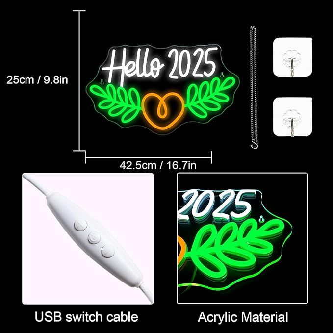 Lucunstar Hello 2025 Neon Sign,Neon Sign 2025,Led Neon Light for Wall Decor,Light Up Sign for Bedroom Decor,Dimmable Switch USB Connectivity Neon Signs for Holiday Party Light,Festival Celebration