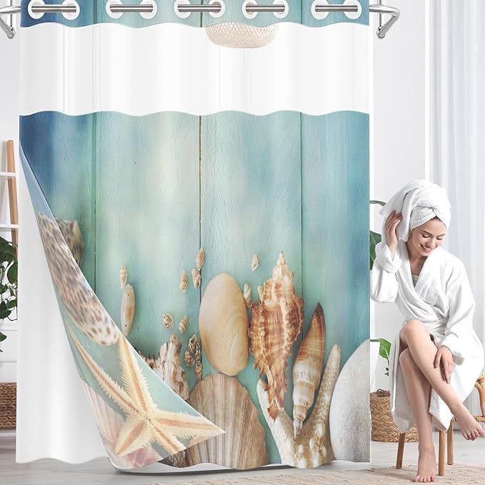 Sea Beach Green No Hook Shower Curtain with Snap in Liner, Shellfish Starfish Summer Bath Curtain with Double Layers Waterproof Fabric and Mesh Top Window 71x74 Inch
