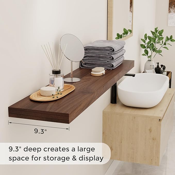 48"W x 9"D Floating Shelves Set of 2, 9.3 Inch Deep Floating Shelves Wall Mounted, Wide Wall Shelves Invisible Bracket, Deep Storage Shelves for Living Room, Bathroom, Kitchen, Walnut Color