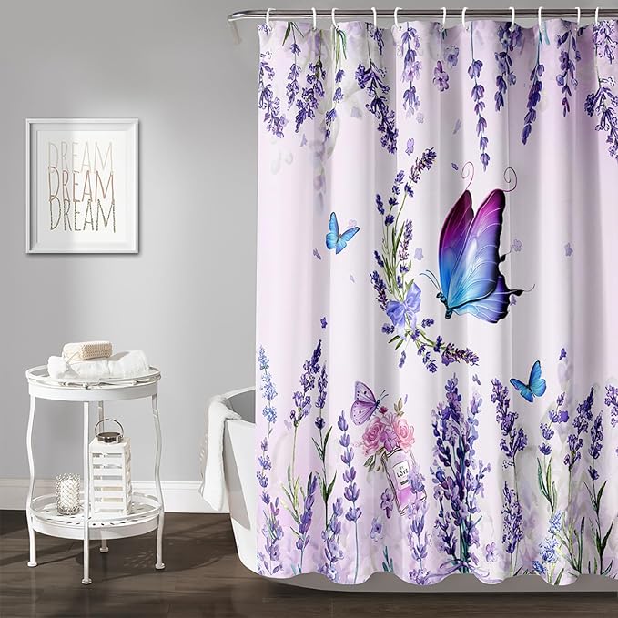 AILONEN Girls Butterfly Shower Curtain for Bathroom, Blooming Lavender Flower Purple Bath Curtain 72" W*96" H Polyester Fabric Waterproof Bathroom Curtain with 12 Hooks