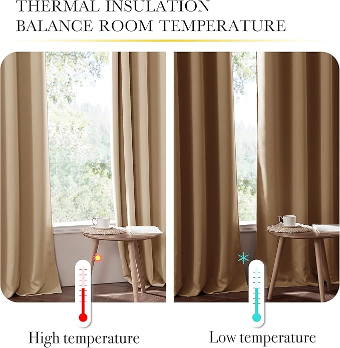 NICETOWN Thermal Insulated 100% Blackout Curtains, Noise Reducing Performance Drapes with Lining, Full Light Blocking Drapery Panels for Patio (Biscotti Beige, 1 Pair, 52 inches x 95 inches)