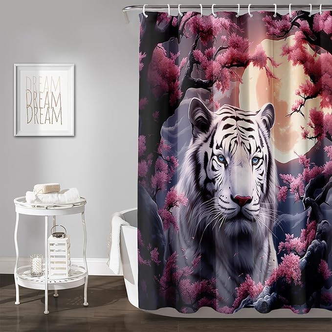 AILONEN Tiger Shower Curtains for Girls,Pink Flower White Tiger Bath Curtains for Bathroom Decor,Wild Animal Curtains Polyester Waterproof with Plastic Hooks 36" W*72" H