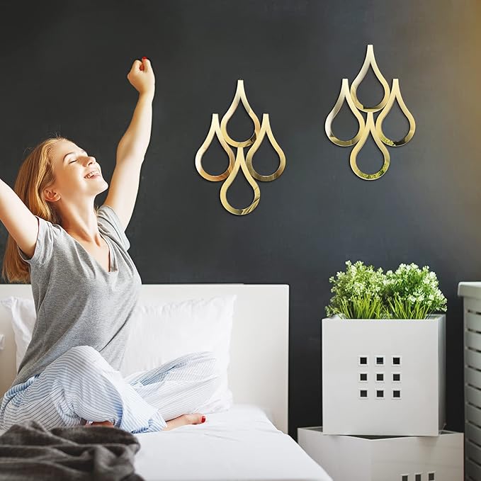 Weysat 2 Pieces Teardrop Wall Mirror Hanging Wall Mounted Decorative Accent Mirror for Home Living Room Bedroom Bathroom, 15.7 x 11 Inch(Gold)