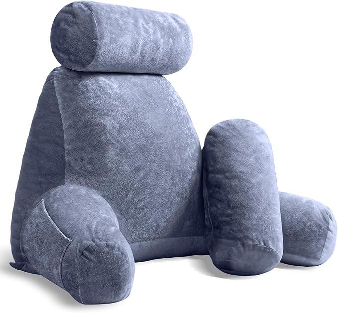 Sasttie Reading Pillow for Sitting in Bed Adult, Extra Large Back Pillow for Bed, Backrest Pillow with Detachable Head Support Cushion, College Dorm Essentials for Girls and Boys, Grey Purple