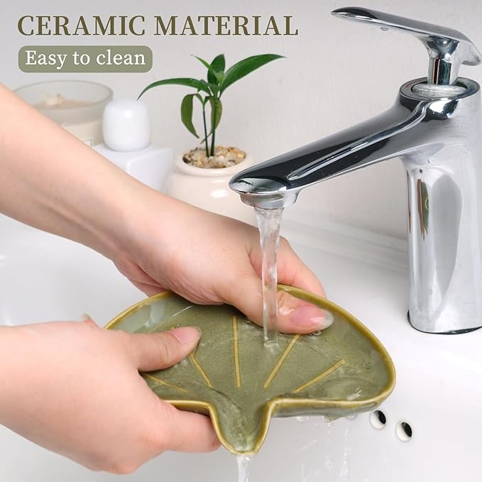 Ceramic Soap Dish, Self-Draining Bar Soap Holder for Bathroom, Sink, or Shower – Green Half-Moon Design, Easy to Clean, Keeps Soap Dry – ANTIS'S HOME