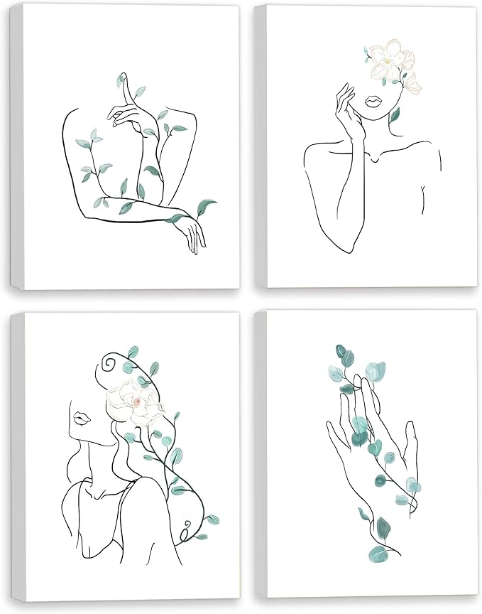 Botanical Framed Wall Art Decor for Women,Boho Wall Art for Living Room,Minimalist Wall Art Decor for Office,Modern Abstract Room Decor for Bedroom,Line Art Wall Decor,Set of 4,8x10 inches (20x25 cm)