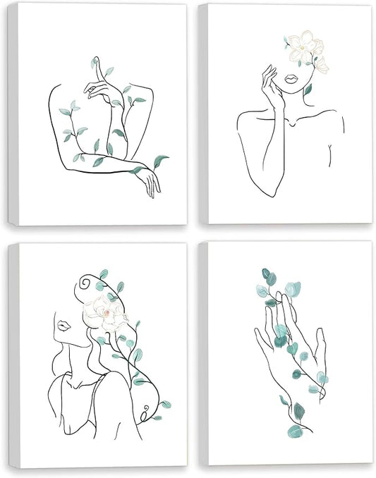 Botanical Framed Wall Art Decor for Women,Boho Wall Art for Living Room,Minimalist Wall Art Decor for Office,Modern Abstract Room Decor for Bedroom,Line Art Wall Decor,Set of 4,8x10 inches (20x25 cm)