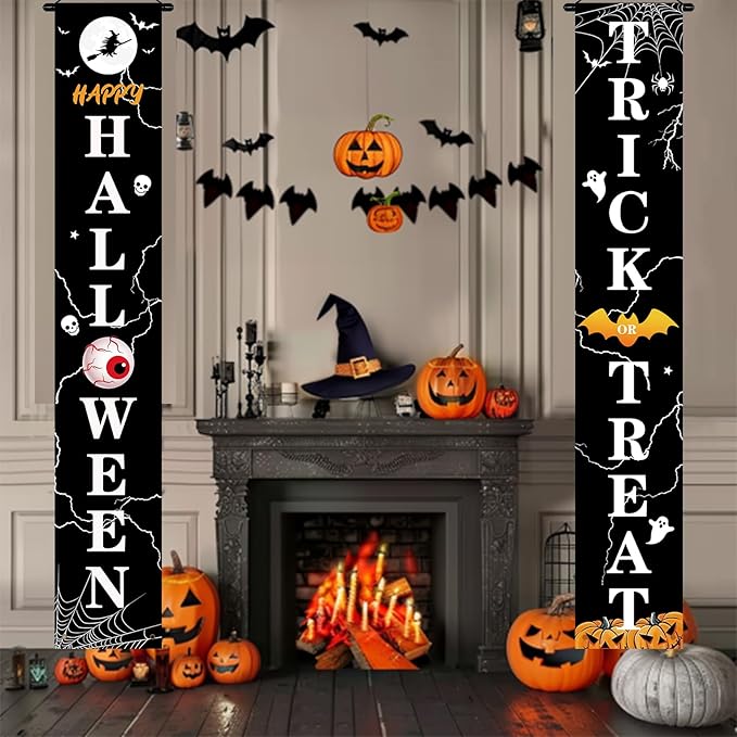 Halloween Door Decorations Outdoor Trick or Treat Banners Halloween Hanging Welcome Signs for Front Porch Yard Garland Garden Party Supplies Indoor Witch Wall Decor