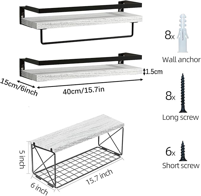 Bathroom Shelves with Wire Storage Basket, Farmhouse Wood Floating Shelves Over Toilet with Protective Metal Guardrail, Wall Shelves for Bedroom, Living Room, Kitchen and Bathroom Toilet Paper