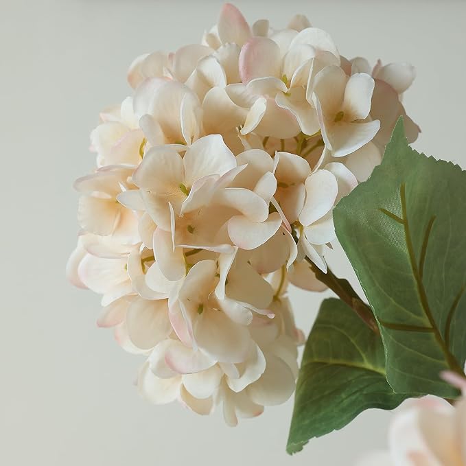 mizii 4Pcs Beige Artificial Hydrangea Flowers Large Fake Silk Hydrangea Flower with Leaves Stems Realistic Faux Hydrangeas Decorations for Wedding Table Centerpieces Vase Home Decor (Beige)