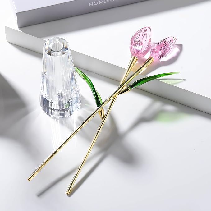 Crystal Tulips Figurine - Pink Flowers with Vase - Glass Flower Bouquet Collectible Office Home Decor Paperweight - Tulip Gifts for Women Mom Bestfriend Wedding Anniversary