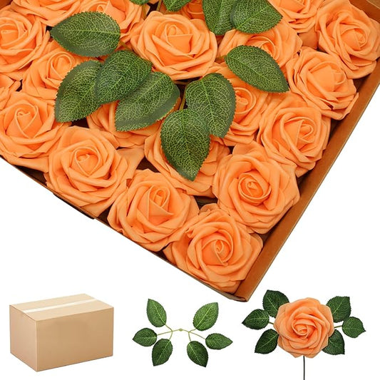 200PCS Orange Artificial Flowers Roses Real Looking Foam Fake Roses with Leaves for DIY Wedding Bouquets Bridal Shower Party Decorations (Orange, 200)