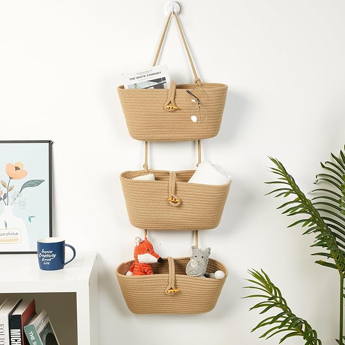 DULLEMELO Hanging Baskets for Organizing, Jute 3-Tier Woven Hanging Wall Baskets for Storage, Decorative Hanging Storage Basket with Button Strap,Over The Door Basket with Door Hooks