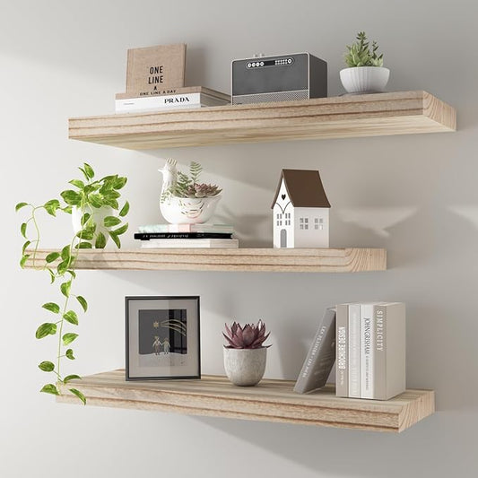 Floating Shelves 24 Inch Wall Shelf Solid Wood Mounted Storage for Bedroom Living Room Set of 3, Rustic Torched Wall Shelves
