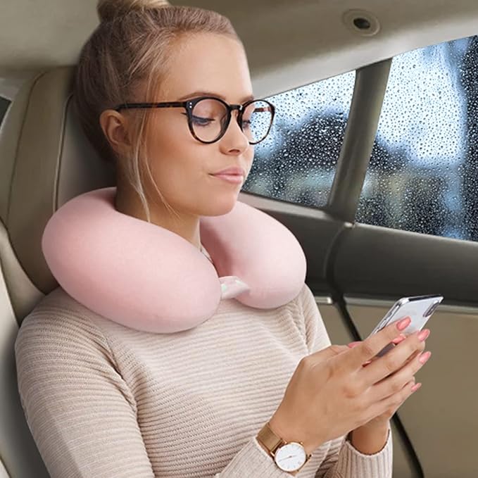 Travel Neck Pillow Airplane, Soft Memory Foam Support Head Neck Chin, with Removale Cover and Adjustable Snap Button, Comfortable Sleeping in Plane Car Train Traveling Office, Light Pink
