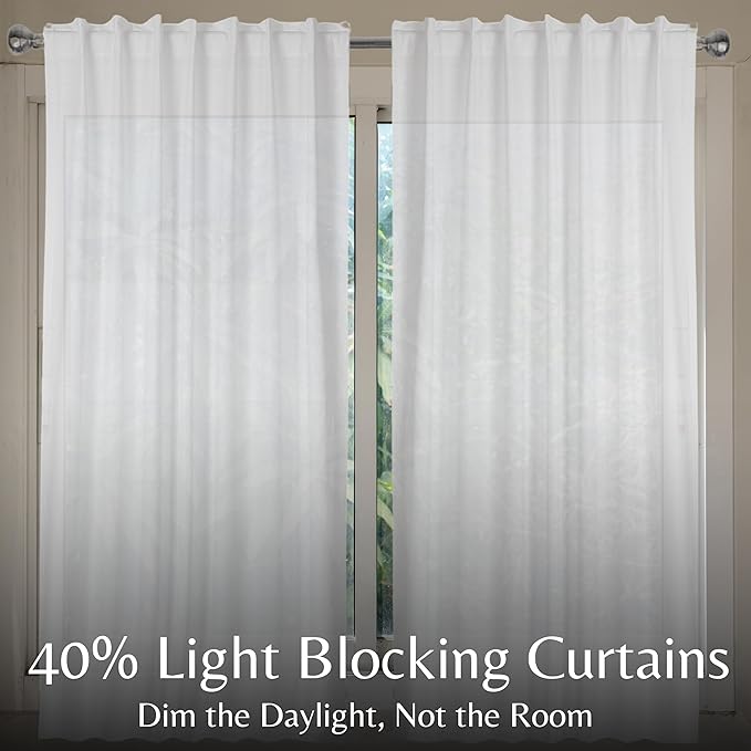 Ramanta Home White Cotton Light Filtering Curtains 50x84 Inches - Set of 2, Farmhouse Slub Textured Semi Sheer Drapes, Duck Cotton Fabric Living Room, Kitchen Back Tab Window Panels - White