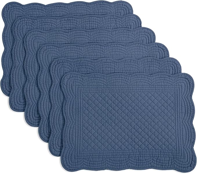 HOMBYS Quilted Placemats Set of 6 Washable-13x18 inches Rectangular Placemats for Kitchen Table-100% Cotton Fabric Rectangular Table Mats, (Sapphire Blue)