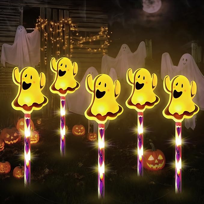 LOLStar Halloween Ghost Decorations 5-Pack Halloween Pathway Lights Outdoor, Waterproof Battery Operated Walkway Garden Stake Lights Makers with Timer 8 Flash Mode Light Up for Yard Patio Lawn Grave