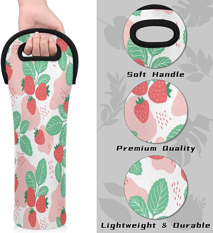 Strawberry And Seeds Wine Gift Tote Carrier Juicy Fruit Neoprene Wine Tote Bags Holder Cooler Wine Lover Gift