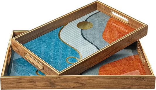 Glitzhome Serving Tray with Handles, Set of 2 Rectangle Wooden & Plastic Abstract Decorative Trays Storage Tray for Living Room Ottoman Coffee Table Parties Supplies, 17.5" x12.5" and 15.75" x 9.75"