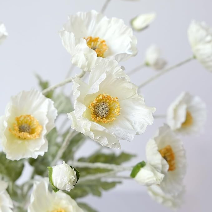 White Poppy Silk Flowers, 6pcs Lifelike Artificial Plants & Flowers, Faux Poppies Bouquet with Long Stems for Spring Kitchen Table Centerpiece Wedding Baby Shower Home Cemetery