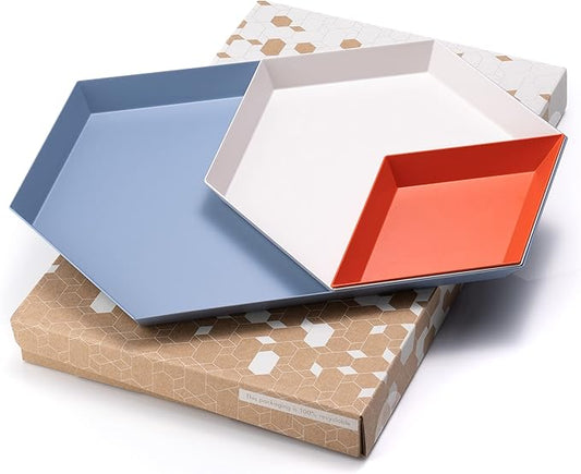 LINE+ARC Hand-Painted Metal Nesting Trays (Set of 3 ModTrays, Tomato & Blue Oat) for Mid-Century Modern Coffee Table Entryway Stacking Geometric Trinket Valet Catchall Vanity Jewelry Ottoman