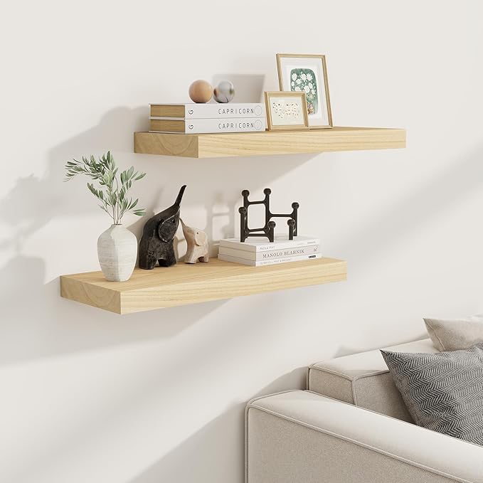 Floating Shelves24 Inch Long , 9 Inch Deep Floating Shelves for Wall, Solid Wood Floating Shelf, Deep Wall Shelves for Living Room, Bathroom, Kitchen, 24"W x 9.3"D x 1.6"H, Natural Color, Set of 2