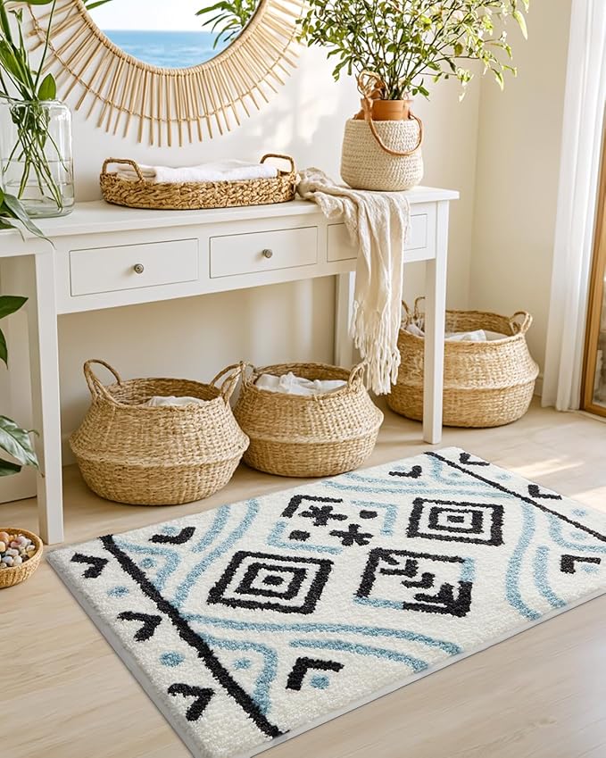 LUMI Bathroom Rugs 20x32, Highly Absorbent Non Slip Machine Washable Floor Mat, Ultra Soft Fluffy Plush Bath Mat for Bathtub Bathroom Shower Home Decor(Blue Black White)
