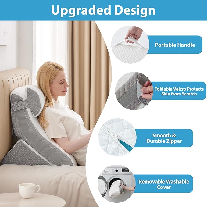 3PCS Bed Wedge Pillow for Sleeping, Adjustable Memory Foam Wedge Pillow for Back Leg Pain Relief, 23” Wide Triangle Pillow Wedge for Post Surgery, Acid Reflux, GERD & Snoring, White/Grey