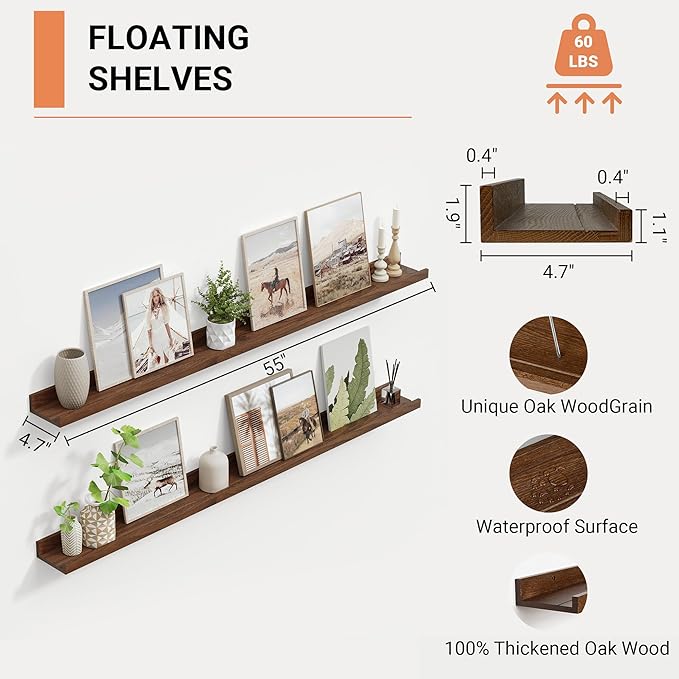 Oak Picture Ledge Shelf,Floating Wall Mounted Shelves, Black Shelves for Wall Decor, Modern Picture Ledge Shelf with Lip for Storage, Bedroom, Living Room, Bathroom,Nursery Display