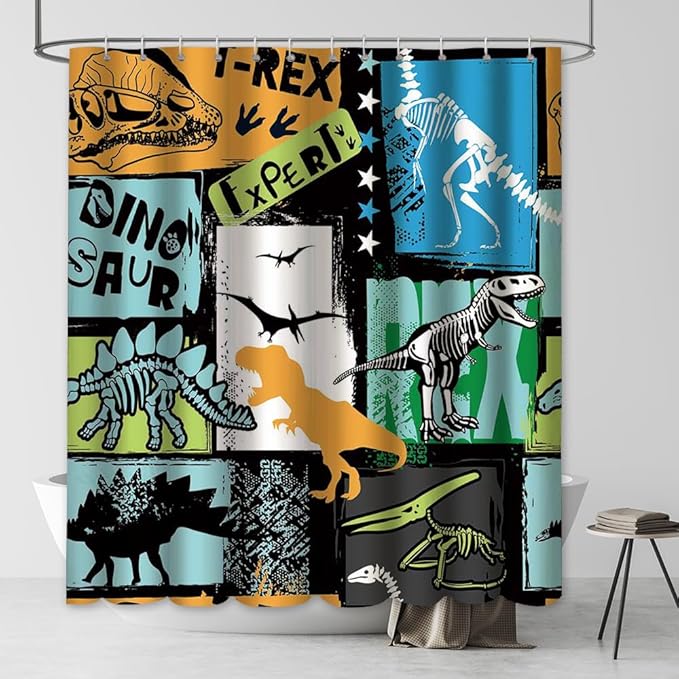 MEHOFOND Dinosaur Shower Curtain Funny Dino for Kids Boys Black Shower Curtain Plant Leaf Jungle Cartoon Colorful Bathroom Decor with Hooks Waterproof Fabric 72x72 inch