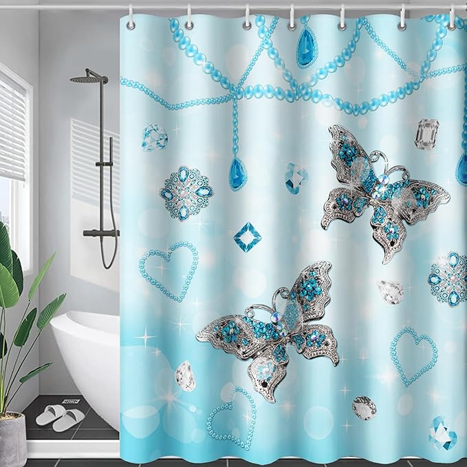 AILONEN Girls Butterfly Shower Curtain 72" W*78" H Blue Butterfly Women Teen Girls Bathroom Curtain,Metal Butterfly Pattern Curtain Polyester Waterproof Butterfly Bathroom Curtain with 12 Hooks