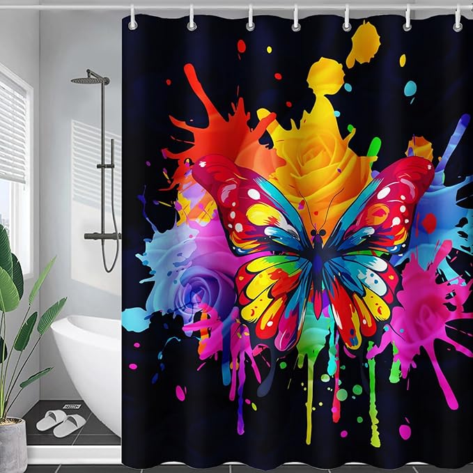 AILONEN Butterfly Shower Curtain for Bathroom, 3D Oil Painting Butterfly Bath Curtain,Colorful Butterfly Rose Flower Decoration Waterproof Black Curtain with 12 Plastic Hooks, 48" W*72" H