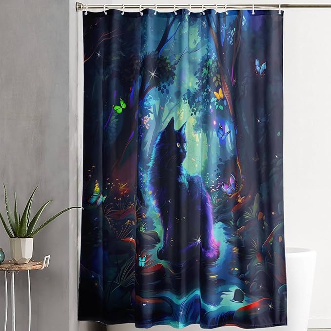 AILONEN Black Cat Shower Curtain,Cartoon Cat Shower Curtain Set for Kids Boys Girls,Boho Style Butterfly Shower Curtain Curtain for Bathroom,Mysterious Forest Curtain Set with Hooks,60" W*72" H
